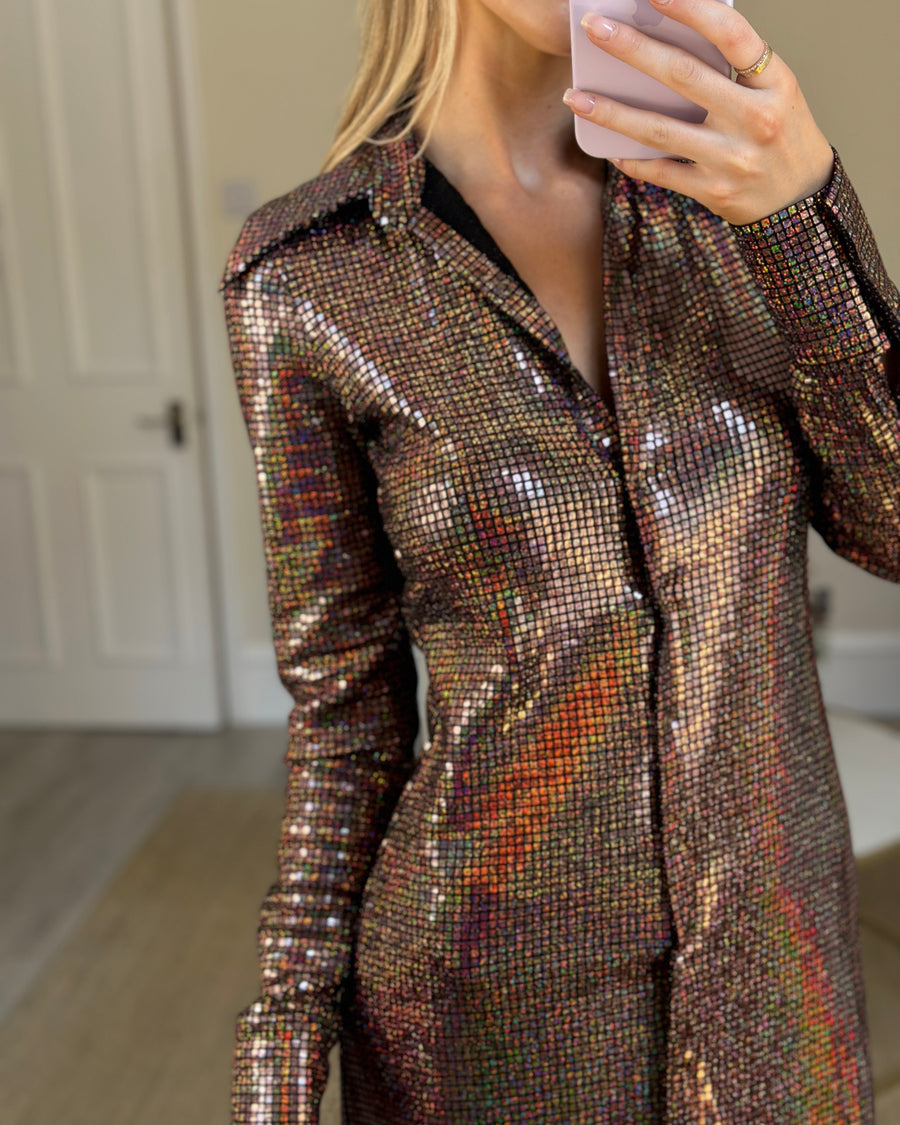 Dodo Bar Or Long-Sleeve Brown Sequin/Embellished Dress with Scrunchie Size IT 40 (UK 8)