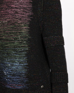 Chanel Fall 2017 Black and Multi-Colour Wool Knit Jumper with Metallic and Sequin Embellished Embroidery with Silver CC Logo Button Detail Size FR 36 (UK 8)
