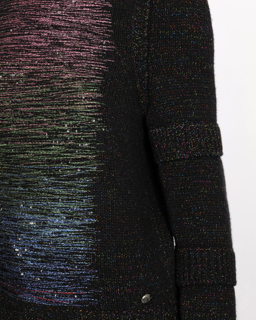 Chanel Fall 2017 Black and Multi-Colour Wool Knit Jumper with Metallic and Sequin Embellished Embroidery with Silver CC Logo Button Detail Size FR 36 (UK 8)