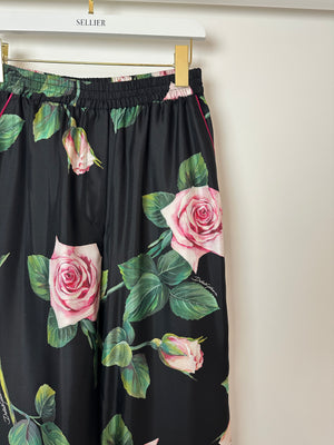 Dolce & Gabbana Black Floral Print Silk Trousers Size IT 42 (UK 12)