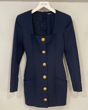 Balmain Navy Wool Mini Dress with Gold Buttons Detailing Size FR 34 (UK 6)