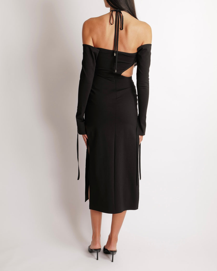 The Attico Black Long-Sleeved Midi Dress with Front Cut Out Details and Side Slit Size FR 38 (UK 10) RRP £950