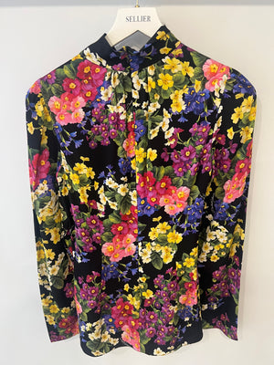 Dolce & Gabbana Black Silk Long-Sleeved Top with Multi-Colour Floral Print Size IT 40 (UK 8)
