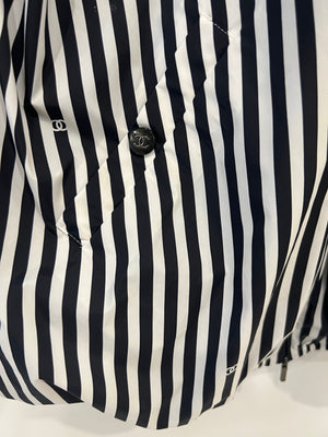 Chanel Black and White Striped Hooded Anorak Jacket with CC Logo Prints and CC Logo Buttons Size FR 36 (UK 8)