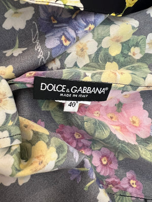 Dolce & Gabbana Black Silk Long-Sleeved Top with Multi-Colour Floral Print Size IT 40 (UK 8)