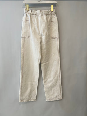 Chanel White Quilted Straight Leg Jeans with Brown Accents and Waist Ties and 31 Rue Cambon CC Logo Detail Size FR 34 (UK 6)