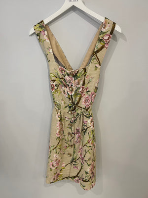 Dolce & Gabbana Beige Floral Sleeveless Mini Dress with Embellished Button Details Size IT 42 (UK 10)