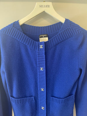 Chanel Cobalt Blue Cashmere Long Cardigan with Silver CC Logo Buttons Size FR 34 (UK 6)