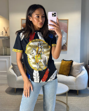 Versace Black Yellow Blue and Red Horse Print T-shirt Size S (UK 8)