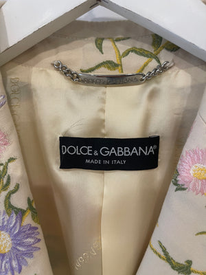 Dolce & Gabbana Cream Blazer Jacket with Crystal Buttons and Floral Embroidery Size IT 44 (UK 12)