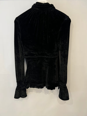 Paco Rabanne Black Velvet Long-Sleeve Top with Tie Detail and Silver Buttons Size FR 36 (UK 8)