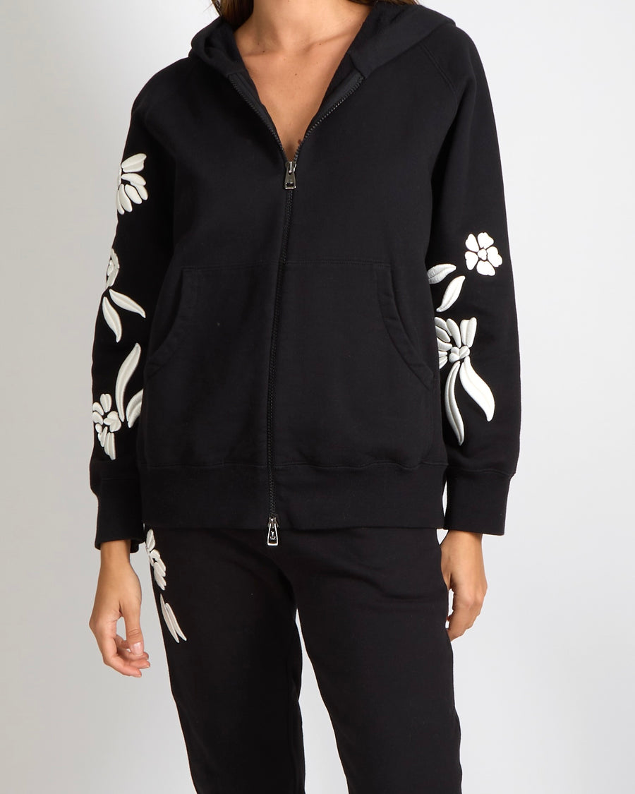 Ermanno Scervino Black Hoodie and Sweatpants Tracksuit Set with White Flower Embroideries Size XS/S (UK 6/8)