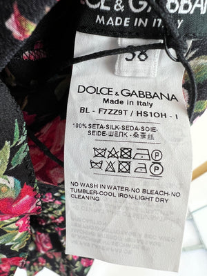 Dolce & Gabbana Silk Black, Red Rose Print Ruffle Blouse Size IT 38 (UK 6)