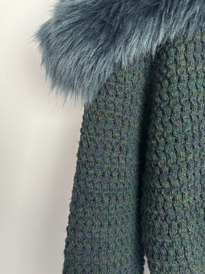 Prada Green Wool Cashmere Blend Knit Cardigan with Faux Fur Collar Size IT 42 (UK 10 )