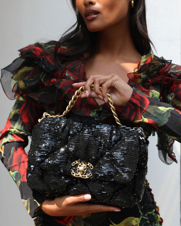 Chanel Black Sequin Medium 19 Bag with Mixed Hardware