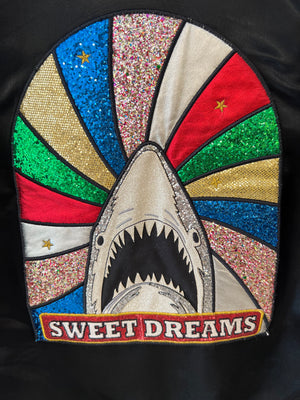 Saint Laurent Black Satin Bomber Jacket with Multicolour Glitter and Leather Shark Detail and "Sweet Dreams" Embroidery Size FR 36 (UK 8)