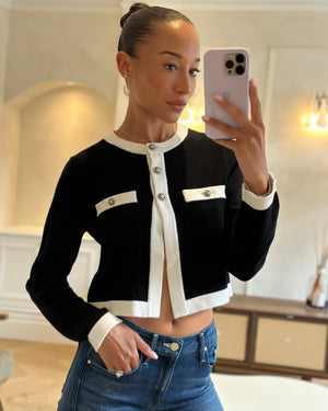Chanel 24C Black & White Cashmere Long Sleeve Cardigan with CC Buttons Detail Size FR 36 (UK 8) RRP £3200