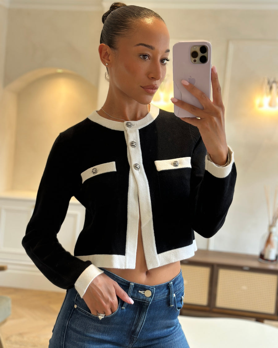 Chanel 24C Black & White Cashmere Long Sleeve Cardigan with CC Buttons Detail Size FR 36 (UK 8) RRP £3200