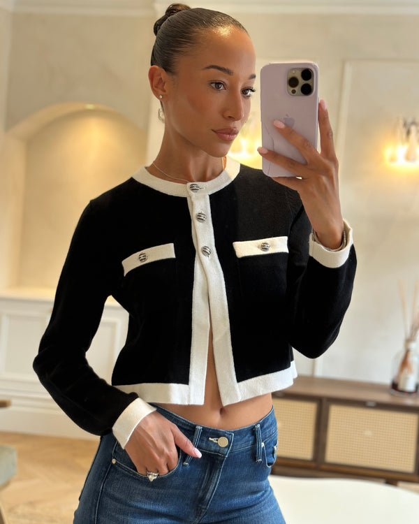 Chanel 24C Black & White Cashmere Long Sleeve Cardigan with CC Buttons Detail Size FR 36 (UK 8) RRP £3200