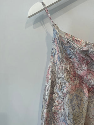Chanel Cruise 2010 White and Pink Silk Floral Sleeveless Mini Dress with Ruffle and Camelia Details Size FR 38 (UK 10)