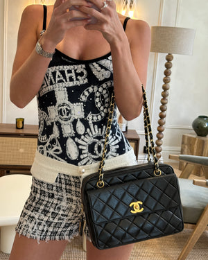 Chanel Vintage Black Camera Bag in Lambskin Leather with Front Pocket and 24k Gold Hardware