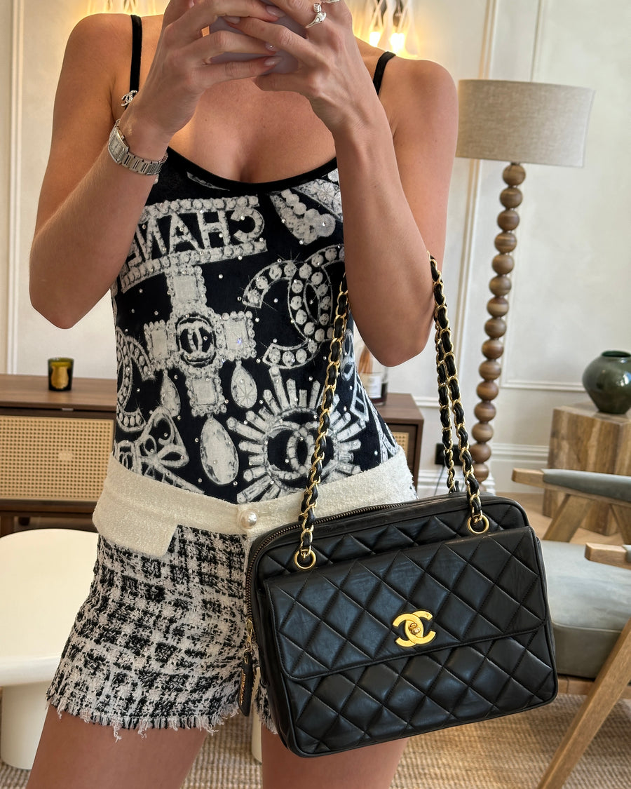Chanel Vintage Black Camera Bag in Lambskin Leather with Front Pocket and 24k Gold Hardware