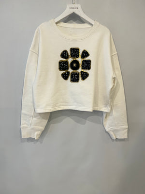Chanel Fall 2020 White Cropped Sweater Top with Black and Gold Tweed Flower Detail with Gold CC Logo Size M (UK 10)
