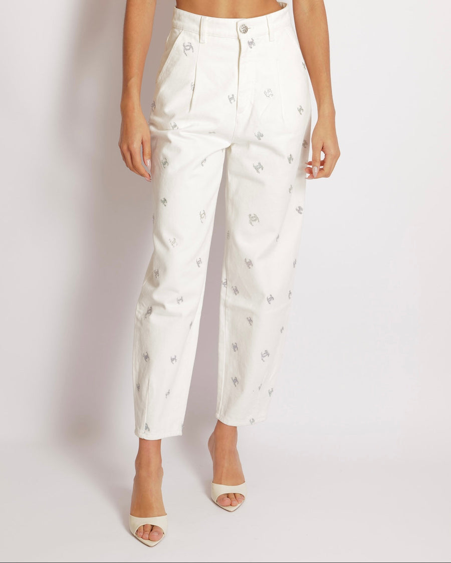Chanel White Straight Leg High-Waisted Jeans with Turquoise, Lilac, and Silver Metallic CC Logos and Silver Button Detail Size FR 34 (UK 6)