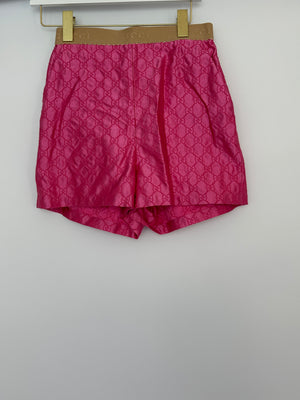 Gucci Pink Silk Monogram Top Shorts Set with Beige Logo Elasticated Detail Size IT 38 (UK 6)