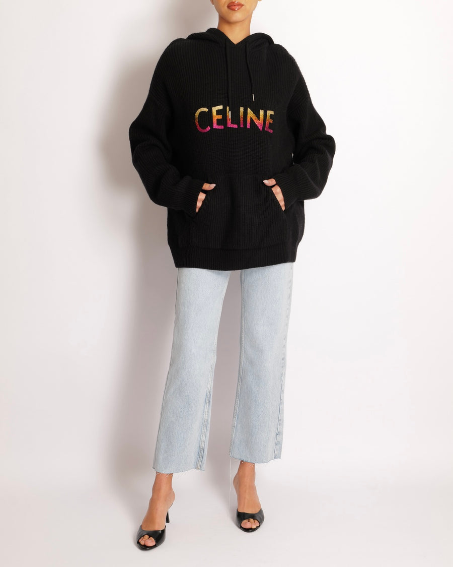 Celine Black Wool Knit Hooded Jumper with Multi-Colour Ombre Sequin Logo Size XS (UK 6)