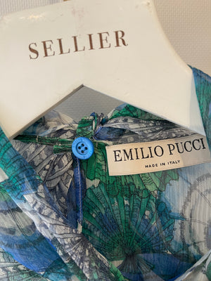 Emilio Pucci Green and Blue Printed Silk Blouse with Matching Under Top and Ribbon Detail Size IT 44 (UK 12)