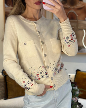 Chanel Cream Cashmere Cardigan with Floral, Sequin Embellishments and Silver CC Buttons Size FR 36 (UK 8)