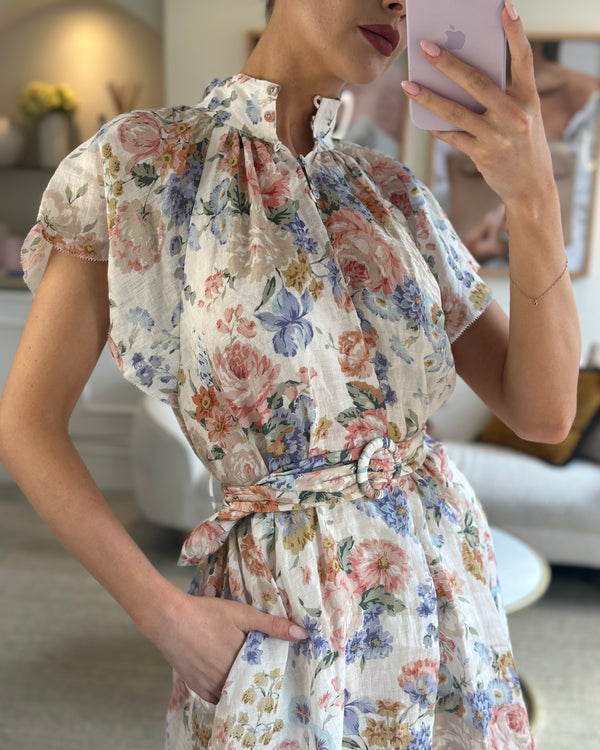 Zimmermann Multicolour Floral Linen Mini Dress with Belt Detail Size 0 (UK 8)