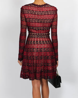 Alaia Burgundy Perforated Striped Long-Sleeved Mini Dress Size FR 42 (UK 14)