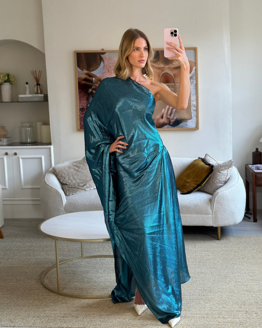 Roland Mouret for Selfridges Turquoise Metallic One Shoulder Draped Dress Size S (UK 8)