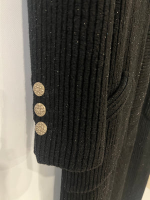 Chanel Black Shimmery Wool Long Coat with Gold CC Logo Buttons Size FR 34 (UK 6)