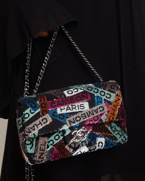 Chanel Cruise 2024 Black Sequins Mini Rectangular Single Flap Bag with Multi-Colour Logo Detail and Ruthenium Finish Hardware