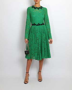 Dolce & Gabbana Apple Green Lace Midi Dress with Black Floral Collar and Waist Detail Size IT 42 (UK 10)