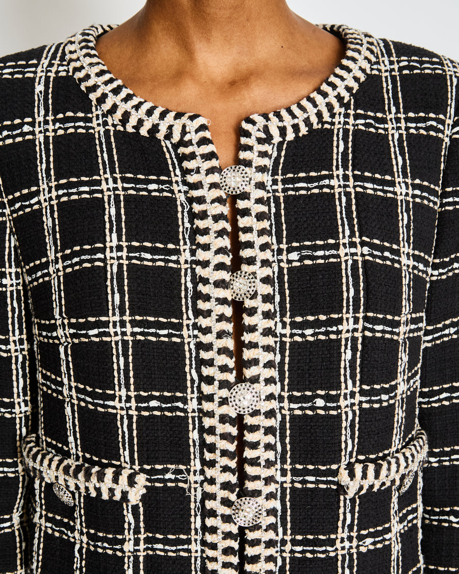 Chanel Cruise 2023 Black and White Tweed Mini Dress with Crystal Contrast Trim and Embellished Buttons Size FR 38 (UK 10)