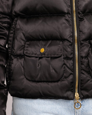 Moncler Black Puffer Jacket with Gold Zipper and Logo Buttons Size 2 (UK 12)