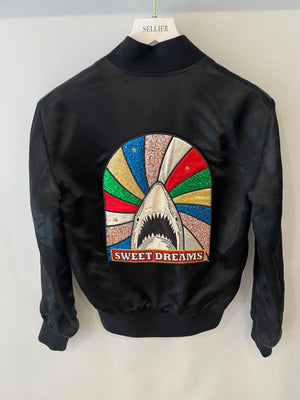 Saint Laurent Black Satin Bomber Jacket with Multicolour Glitter and Leather Shark Detail and "Sweet Dreams" Embroidery Size FR 36 (UK 8)