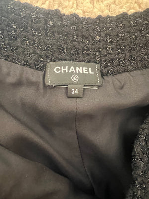Chanel Black Tweed Shimmery Bermuda Shorts with Silver Flower Crystal Buttons Size FR 34 (UK 6)