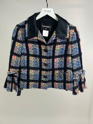 Chanel Navy Multi-Colour Tweed Cropped Jacket with Silk Trim and Bow Detail Size FR 36 (UK 8)
