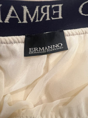 Ermanno Scervino Cream Pleated Maxi Skirt with Lace Details and Navy Logo Waistband Size IT 44 (UK 12)