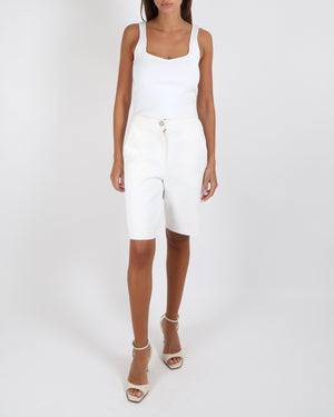 Chanel White Bermuda Shorts with Silver Crystal Embellished CC Logo Button Size FR 36 (UK 8)