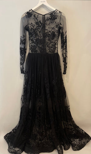 Zuhair Murad Black Long Sleeve Lace Maxi Gown Dress with Embroidery Details Size UK 10