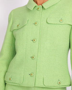 Chanel Vintage 98P Green Wool Jacket and Skirt Set with Green and Gold CC Logo Buttons Size FR 42 (UK 14)