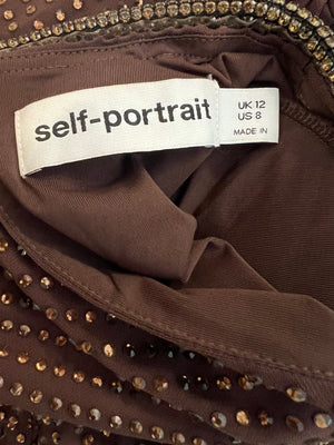 Self Portrait Brown Crystal Embellished Cut-Out Maxi Dress with Side Slit Size UK 12