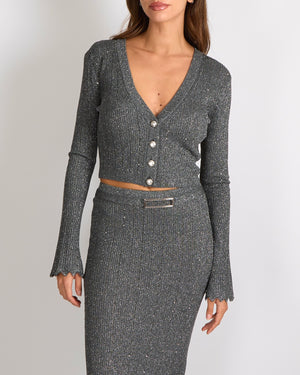 Alessandra Rich Grey and Silver Metallic Crystal Embellished Cropped Cardigan and Midi Skirt Set with Silver Buttons Detail Size IT 40 (UK 8) RRP £1,600