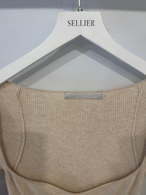 One Grey Day Beige Ribbed Long Sleeve Midi Dress Size S (UK 8)